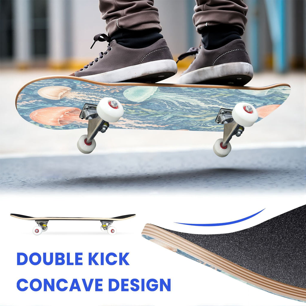 31"x8" Complete Skateboards for Beginners,Blue Botanical Leaf White Double Kick 7 Ply Canadian Maple Deck Skateboard with Wheels, Gifts for Kids Teens