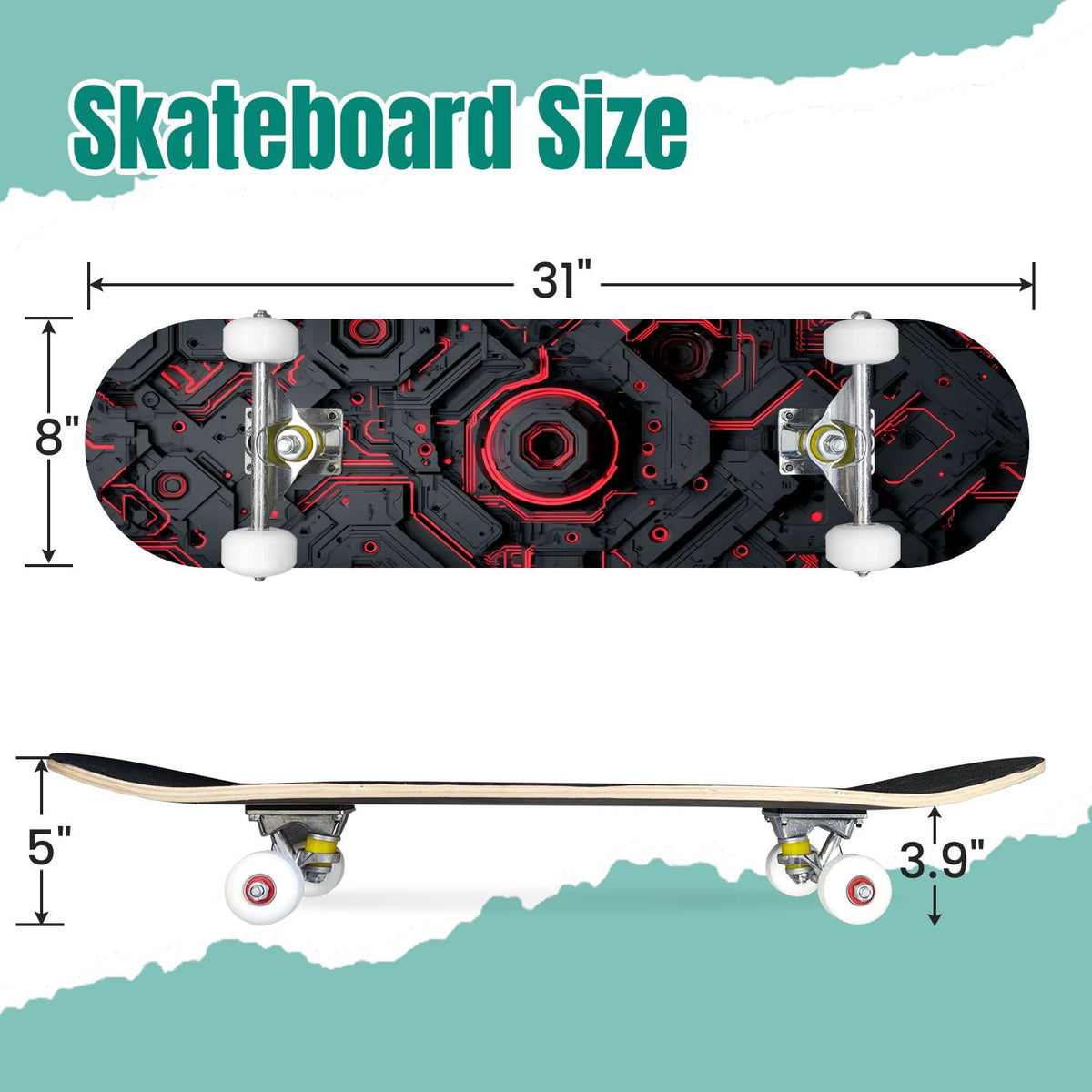 Futuristic Blue Abstract Technology Glowing Core 31" x 8" Complete Skateboard, 7-Ply Canadian Maple Double Kick Trick Board for Kids and Beginners Adult Gifts