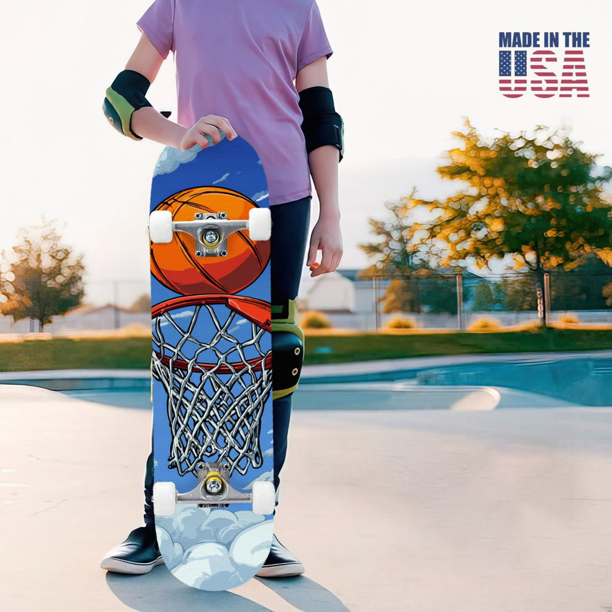 31"x8" Complete Skateboards for Beginners,Orange Basketball Hoop Blue Sky Clouds Double Kick 7 Ply Canadian Maple Deck Skateboard with Wheels, Gifts for Kids Teens