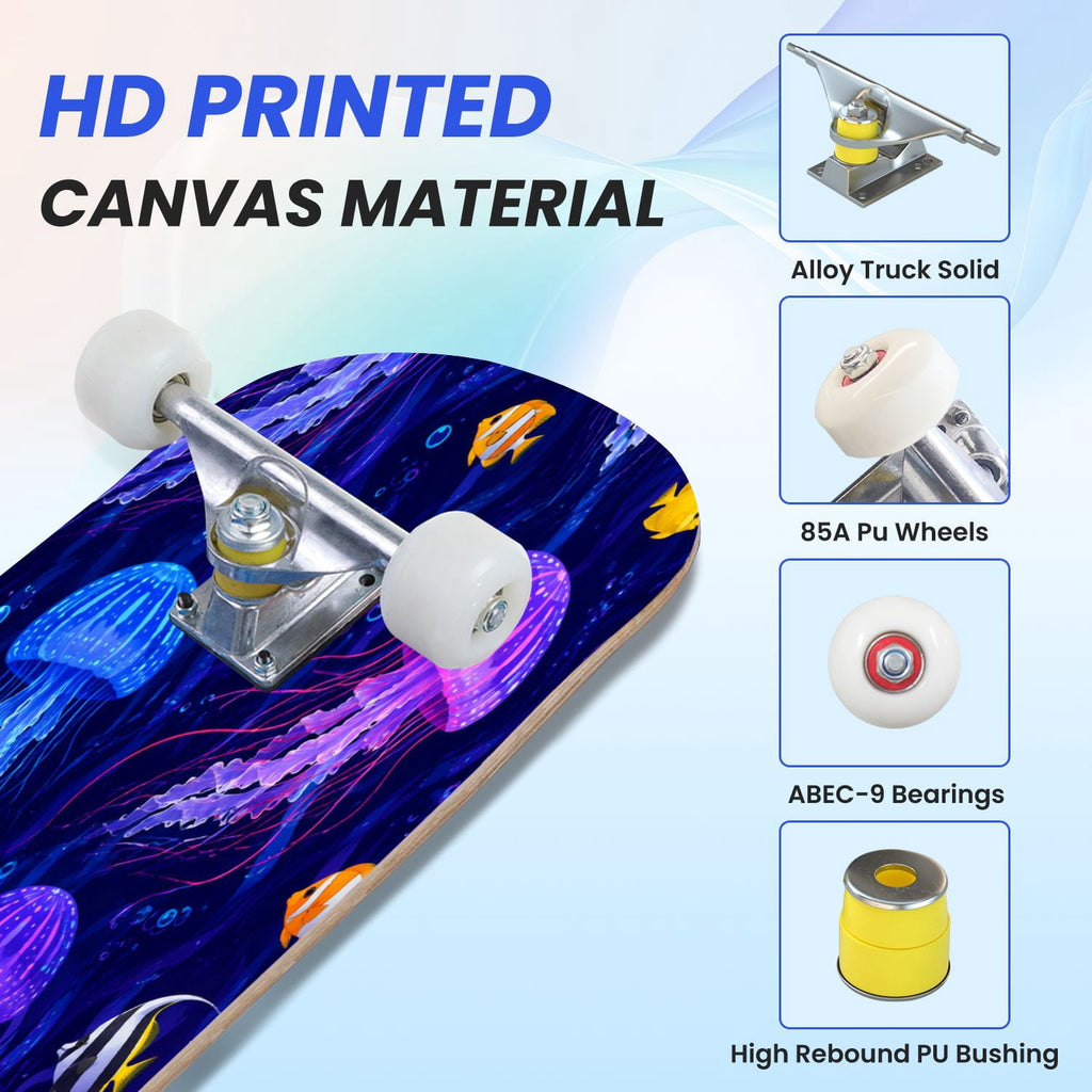 31"x8" Complete Skateboards for Beginners, Seashell Starfish Blue White Nautical Marine Life Double Kick 7 Ply Canadian Maple Deck Skateboard with Wheels, Gifts for Kids Teens