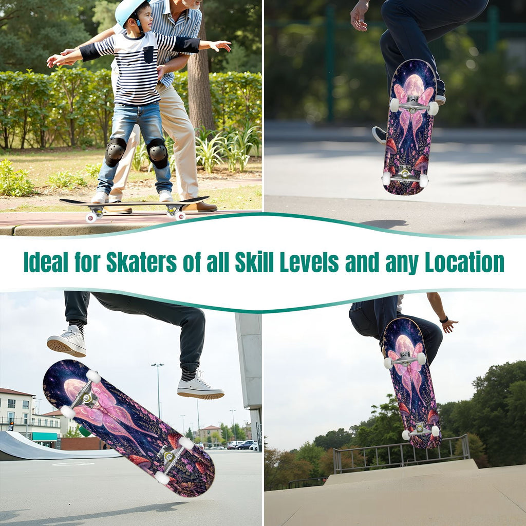 31"x8" Complete Skateboards for Beginners, Glowing Bioluminescent Mushrooms Mystical Forest Double Kick 7 Ply Canadian Maple Deck Skateboard with Wheels, Gifts for Kids Teens