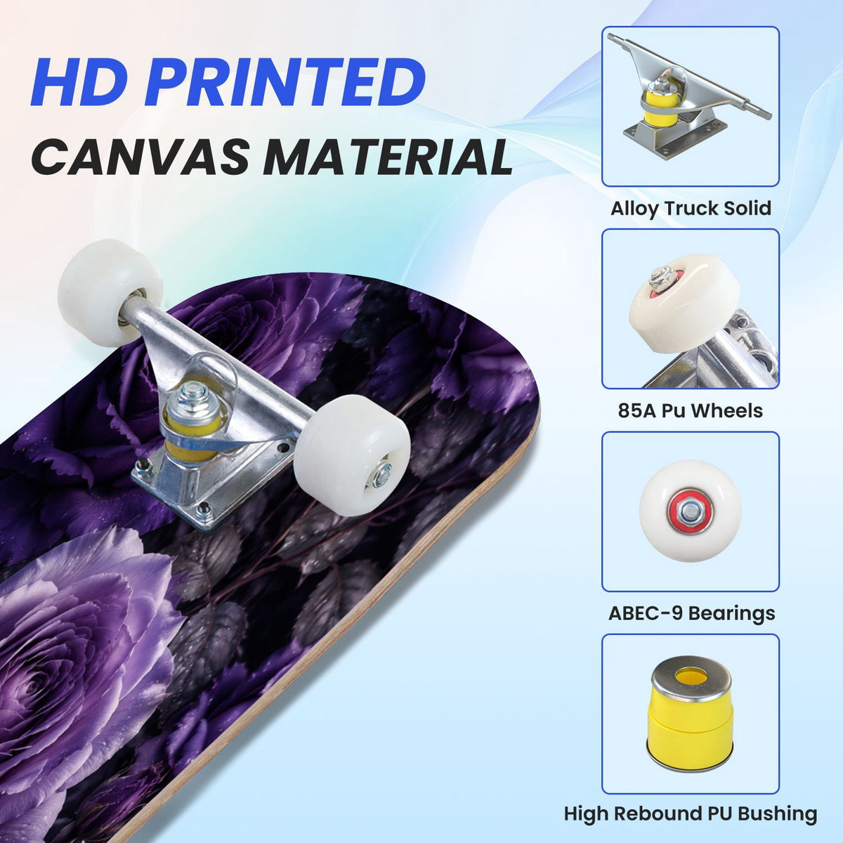 31"x8" Complete Skateboards for Beginners, Vibrant Purple Teal Floral Artwork Golden Accents Vintage Double Kick 7 Ply Canadian Maple Deck Skateboard with Wheels, Gifts for Kids Teens