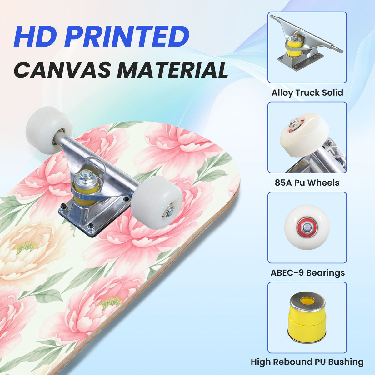 31"x8" Complete Skateboards for Beginners, Pink Floral Ribbon Roses Bows White Double Kick 7 Ply Canadian Maple Deck Skateboard with Wheels, Gifts for Girls Teens