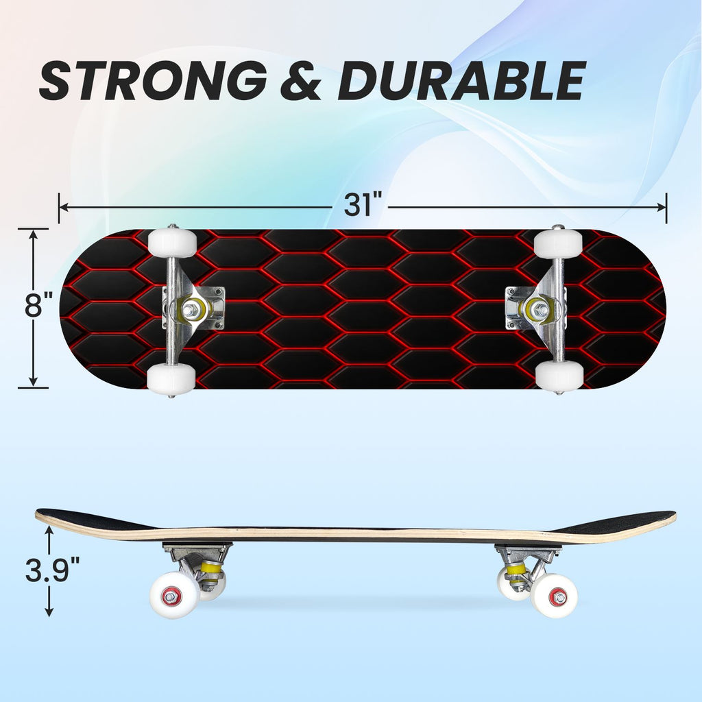 31"x8" Complete Skateboards for Beginners, Abstract Geometric Vibrant Neon Line Accents Dark Futuristic Double Kick 7 Ply Canadian Maple Deck Skateboard with Wheels, Gifts for Boys Teens