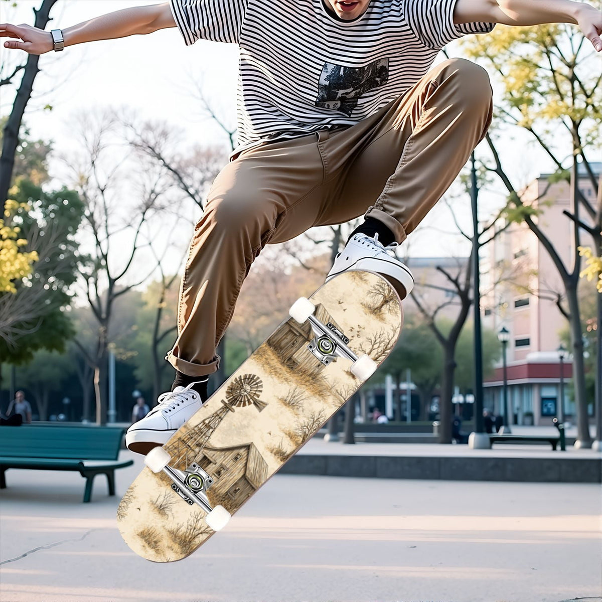 31"x8" Complete Skateboards for Beginners,Pink Cream Vertical Stripes Double Kick 7 Ply Canadian Maple Deck Skateboard with Wheels, Gifts for Kids Teens