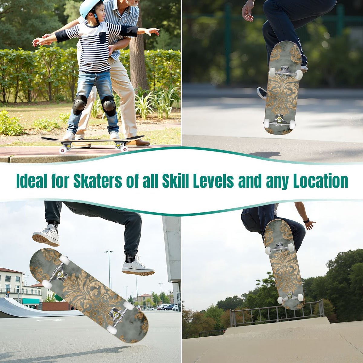 Elegant Purple Damask 31" x 8" Complete Skateboard, 7-Ply Canadian Maple Double Kick Trick Board for Kids and Beginners Adult Gifts
