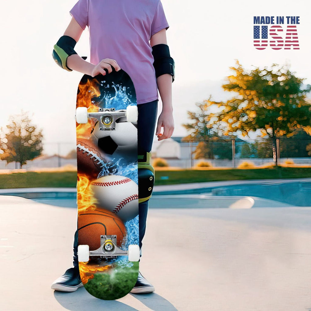 31"x8" Complete Skateboards for Beginners,Close up Baseball Red Stitches Leather Double Kick 7 Ply Canadian Maple Deck Skateboard with Wheels, Sports Gifts for Kids Teens