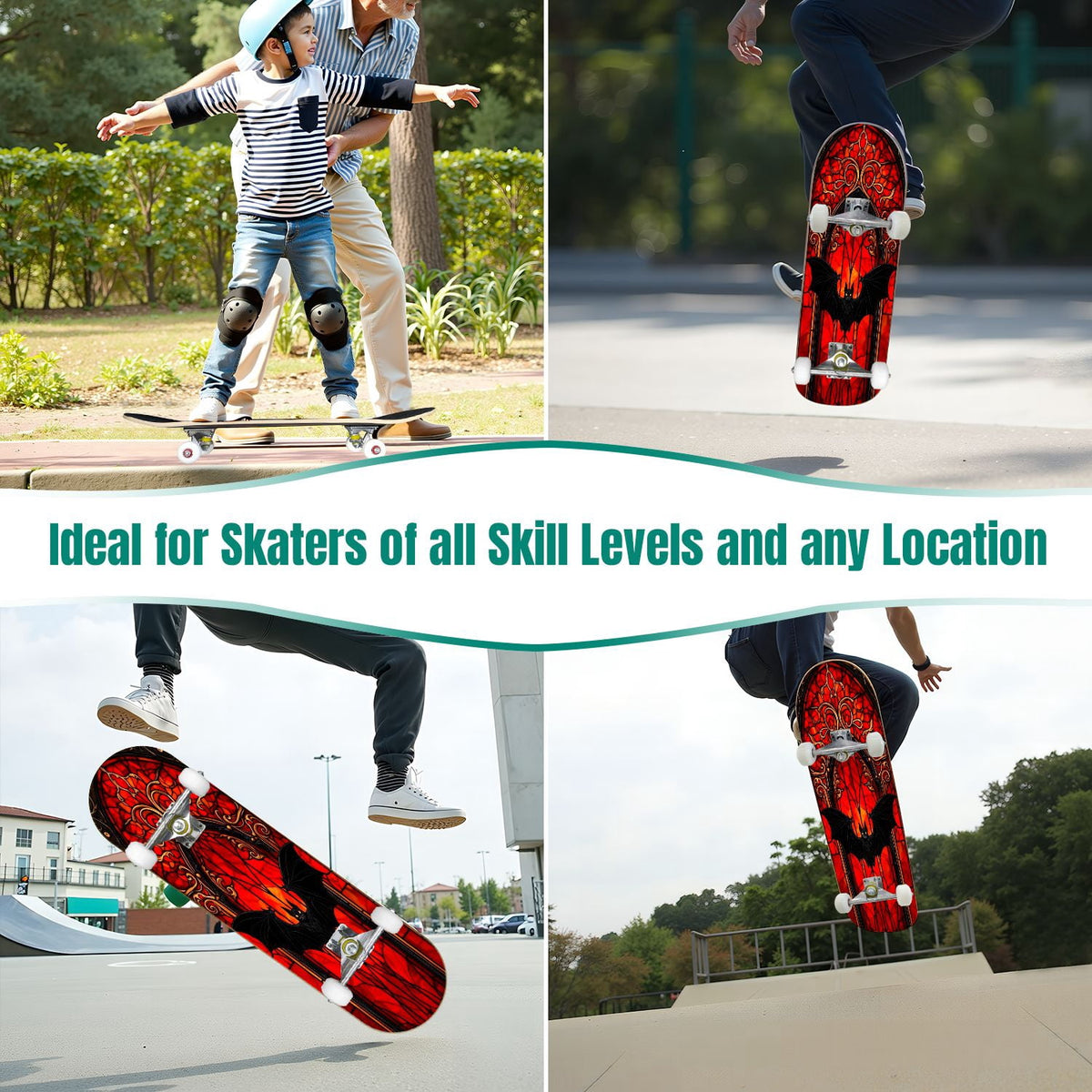 Red Mystic Circle Eyes Occult Symbols Dark Abstract Art 31" x 8" Complete Skateboard, 7-Ply Canadian Maple Double Kick Trick Board for Kids and Beginners Adult Gifts