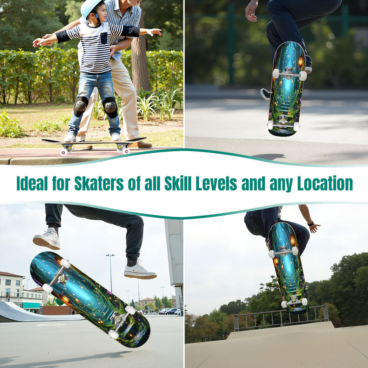31"x8" Complete Skateboards for Beginners, Magical Forest Glowing Mushrooms Twinkling Fantasy Double Kick 7 Ply Canadian Maple Deck Skateboard with Wheels, Gifts for Kids Teens
