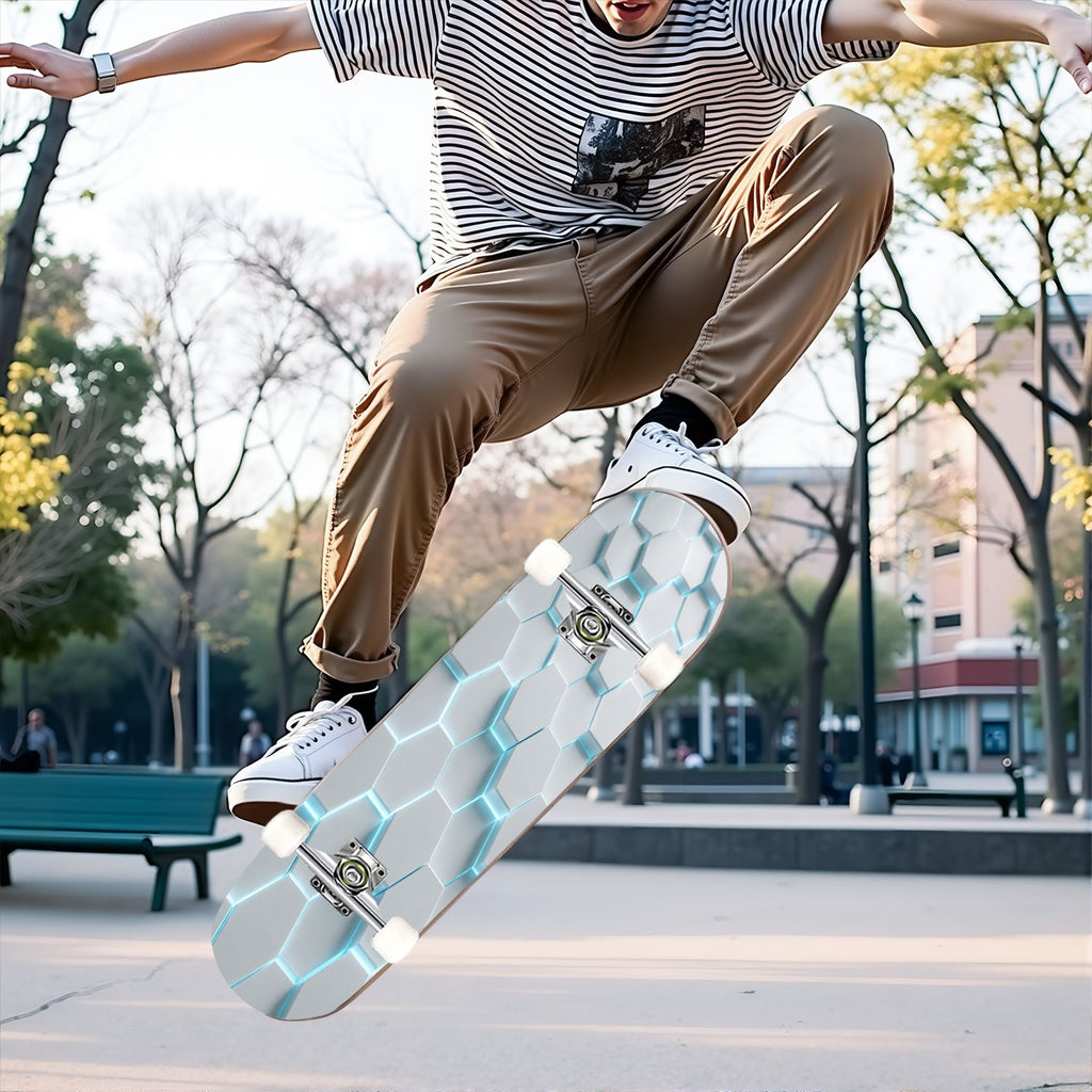 31"x8" Complete Skateboards for Beginners, Modern Abstract Hexagonal Blue Neon Glow Futuristic Double Kick 7 Ply Canadian Maple Deck Skateboard with Wheels, Gifts for Boys Teens