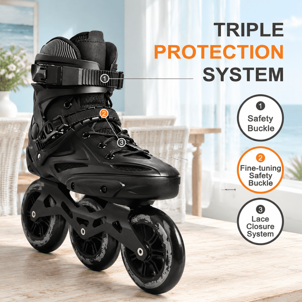Black Men5.5-6/Women6.5-7/25cm 3-Wheel Inline Skates for Adult Fitness Speed Racing