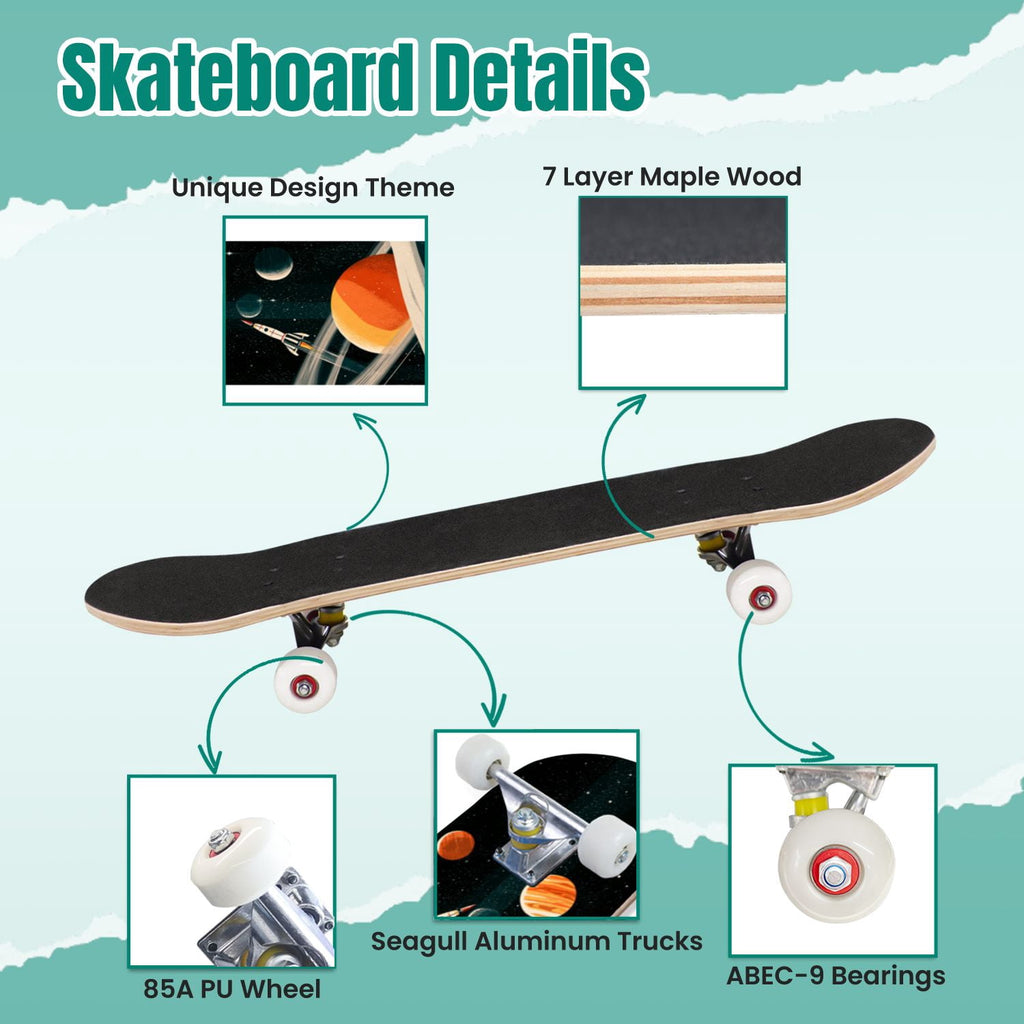 Elegant Cream Peach Peony Floral Green 31" x 8" Complete Skateboard, 7-Ply Canadian Maple Double Kick Trick Board for Kids and Beginners Adult Gifts