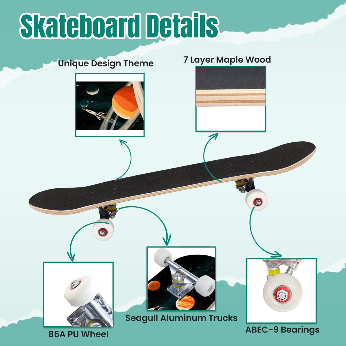 Elegant Cream Peach Peony Floral Green 31" x 8" Complete Skateboard, 7-Ply Canadian Maple Double Kick Trick Board for Kids and Beginners Adult Gifts