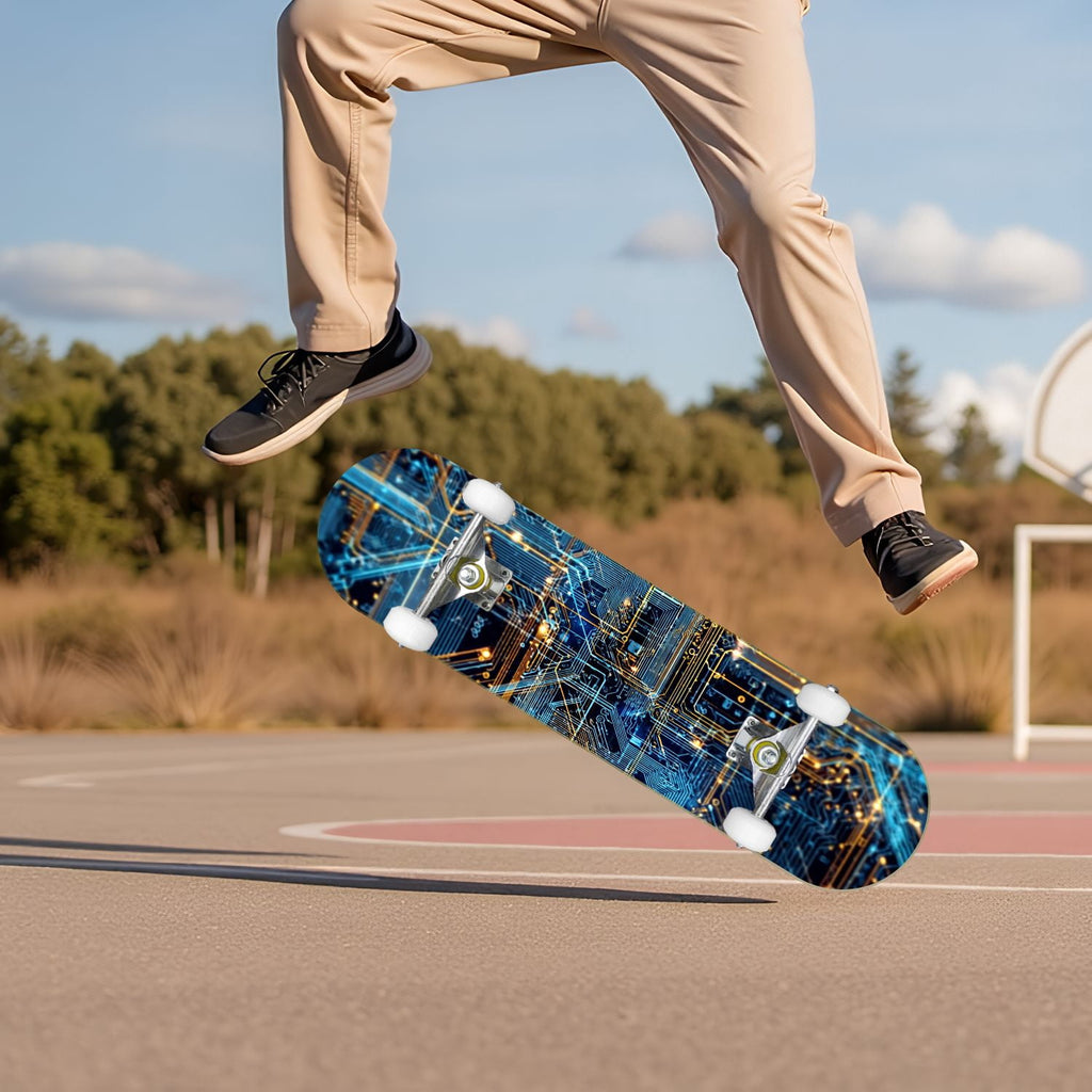 Futuristic Blue Abstract Technology Glowing Core 31" x 8" Complete Skateboard, 7-Ply Canadian Maple Double Kick Trick Board for Kids and Beginners Adult Gifts