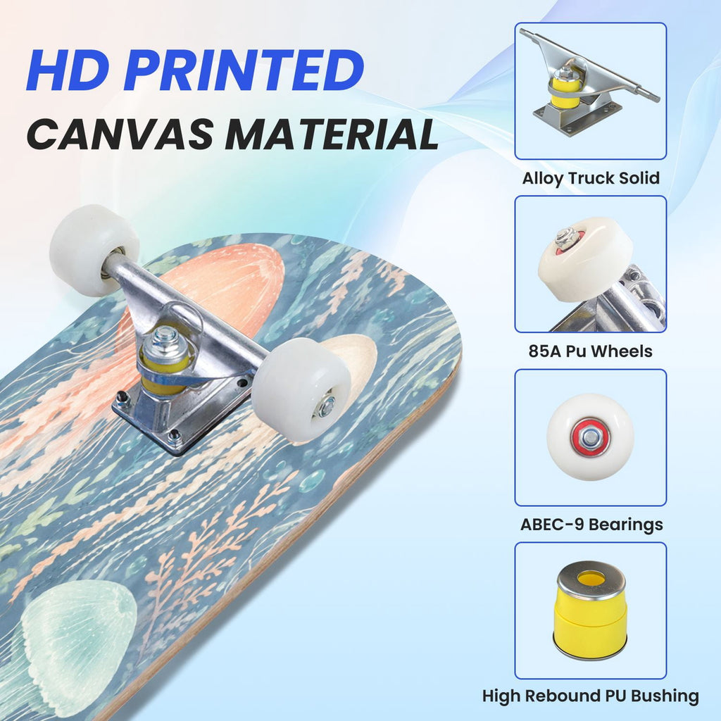 31"x8" Complete Skateboards for Beginners,Blue Botanical Leaf White Double Kick 7 Ply Canadian Maple Deck Skateboard with Wheels, Gifts for Kids Teens