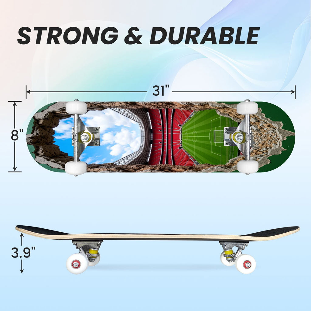 31"x8" Complete Skateboards for Beginners, Pink Bow Heart Vertical Stripes Romantic Double Kick 7 Ply Canadian Maple Deck Skateboard with Wheels, Gifts for Kids Teens