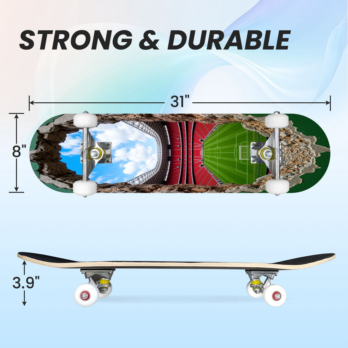 31"x8" Complete Skateboards for Beginners, Pink Bow Heart Vertical Stripes Romantic Double Kick 7 Ply Canadian Maple Deck Skateboard with Wheels, Gifts for Kids Teens
