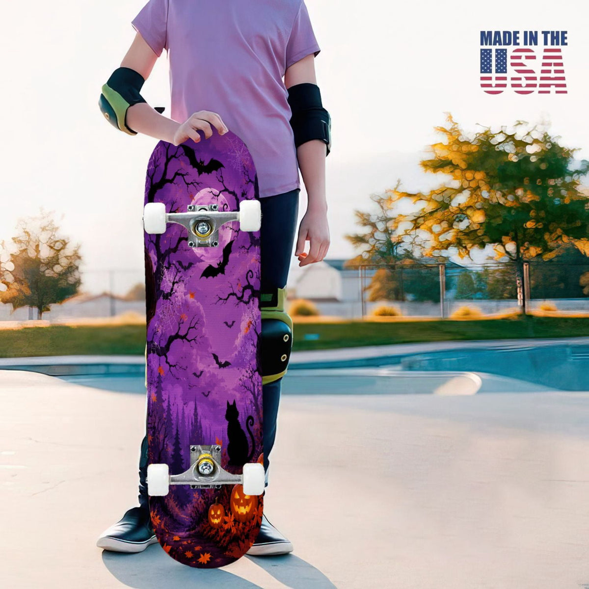 31"x8" Complete Skateboards for Beginners,Halloween Forest Bats Black Cat Glowing Double Kick 7 Ply Canadian Maple Deck Skateboard with Wheels, Gifts for Kids Teens