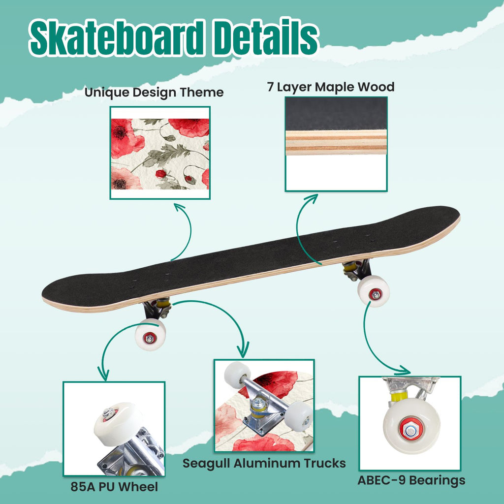 Botanical Floral Peonies Hummingbirds 31" x 8" Complete Skateboard, 7-Ply Canadian Maple Double Kick Trick Board for Kids and Beginners Adult Gifts