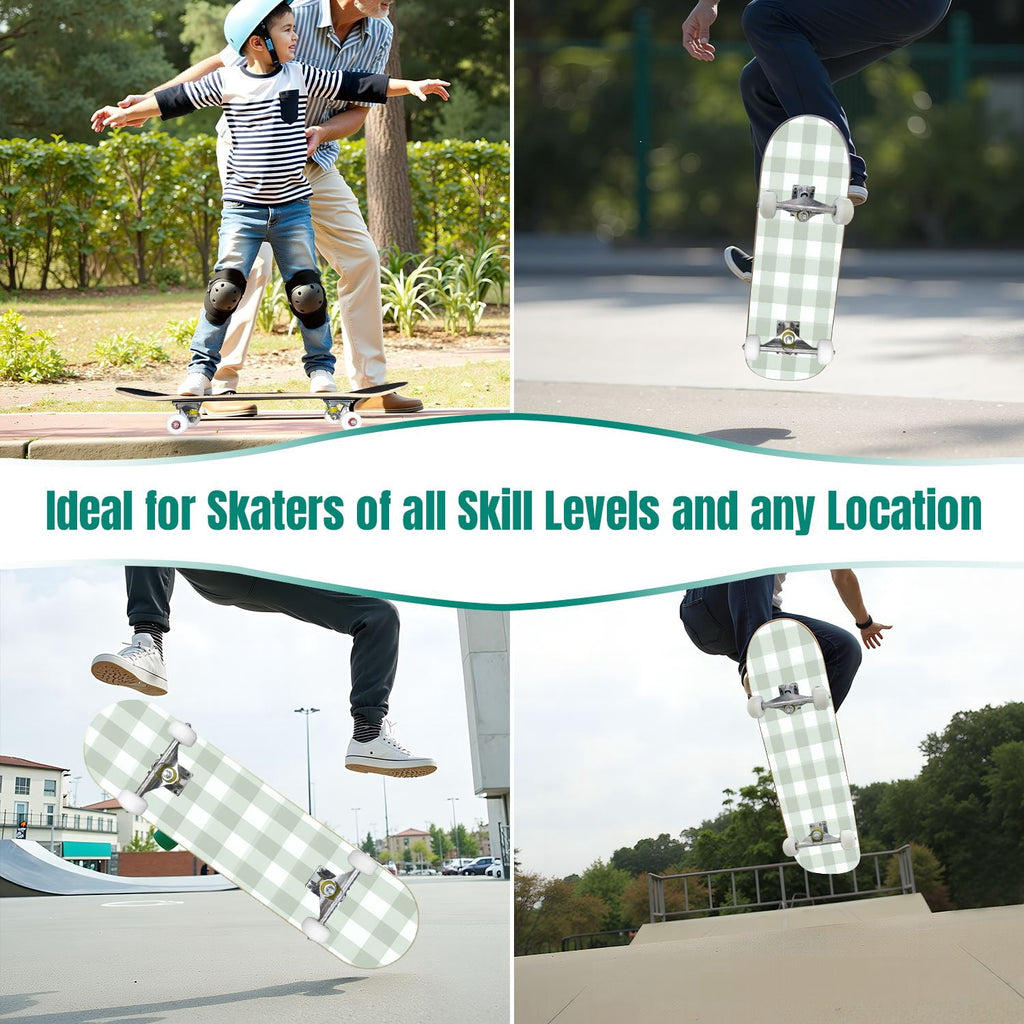 31"x8" Complete Skateboards for Beginners,Light Green White Gingham Checkered Double Kick 7 Ply Canadian Maple Deck Skateboard with Wheels, Gifts for Kids Teens