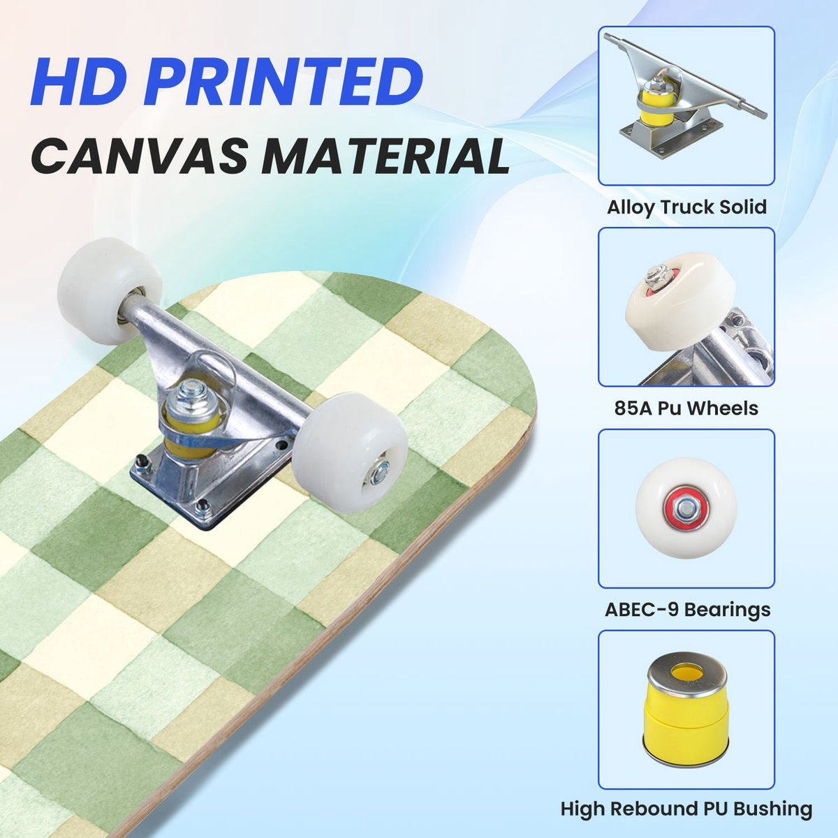 31"x8" Complete Skateboards for Beginners,Green White Plaid Checkered Watercolor Double Kick 7 Ply Canadian Maple Deck Skateboard with Wheels, Gifts for Kids Teens