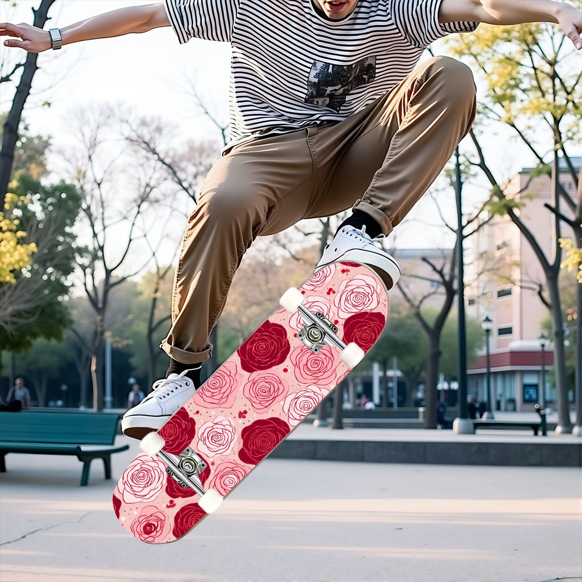 31"x8" Complete Skateboards for Beginners, Elegant Pink Red Roses Green Leaves Dark Double Kick 7 Ply Canadian Maple Deck Skateboard with Wheels, Gifts for Kids Teens