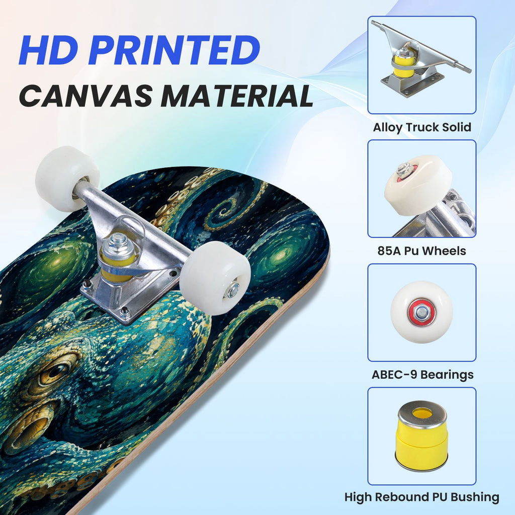 31"x8" Complete Skateboards for Beginners, Colorful Cosmic Octopus Tentacles Starry Marine Life Double Kick 7 Ply Canadian Maple Deck Skateboard with Wheels, Gifts for Kids Teens