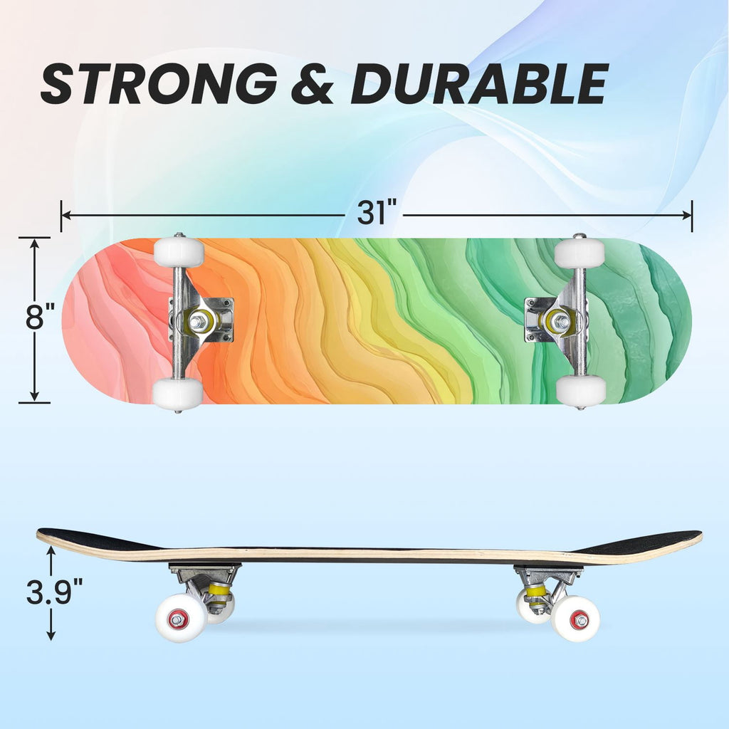 31"x8" Complete Skateboards for Beginners,Watercolor Watermelon Slices Pink Striped Double Kick 7 Ply Canadian Maple Deck Skateboard with Wheels, Gifts for Kids Teens