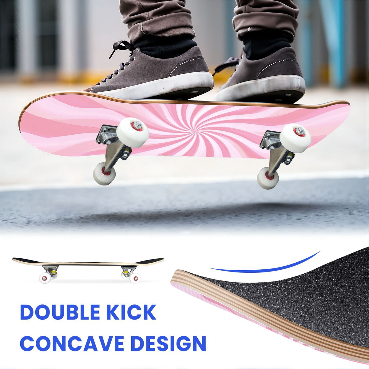 31"x8" Complete Skateboards for Beginners, Abstract Wavy Purple Beige Zebra Design Double Kick 7 Ply Canadian Maple Deck Skateboard with Wheels, Gifts for Kids Teens