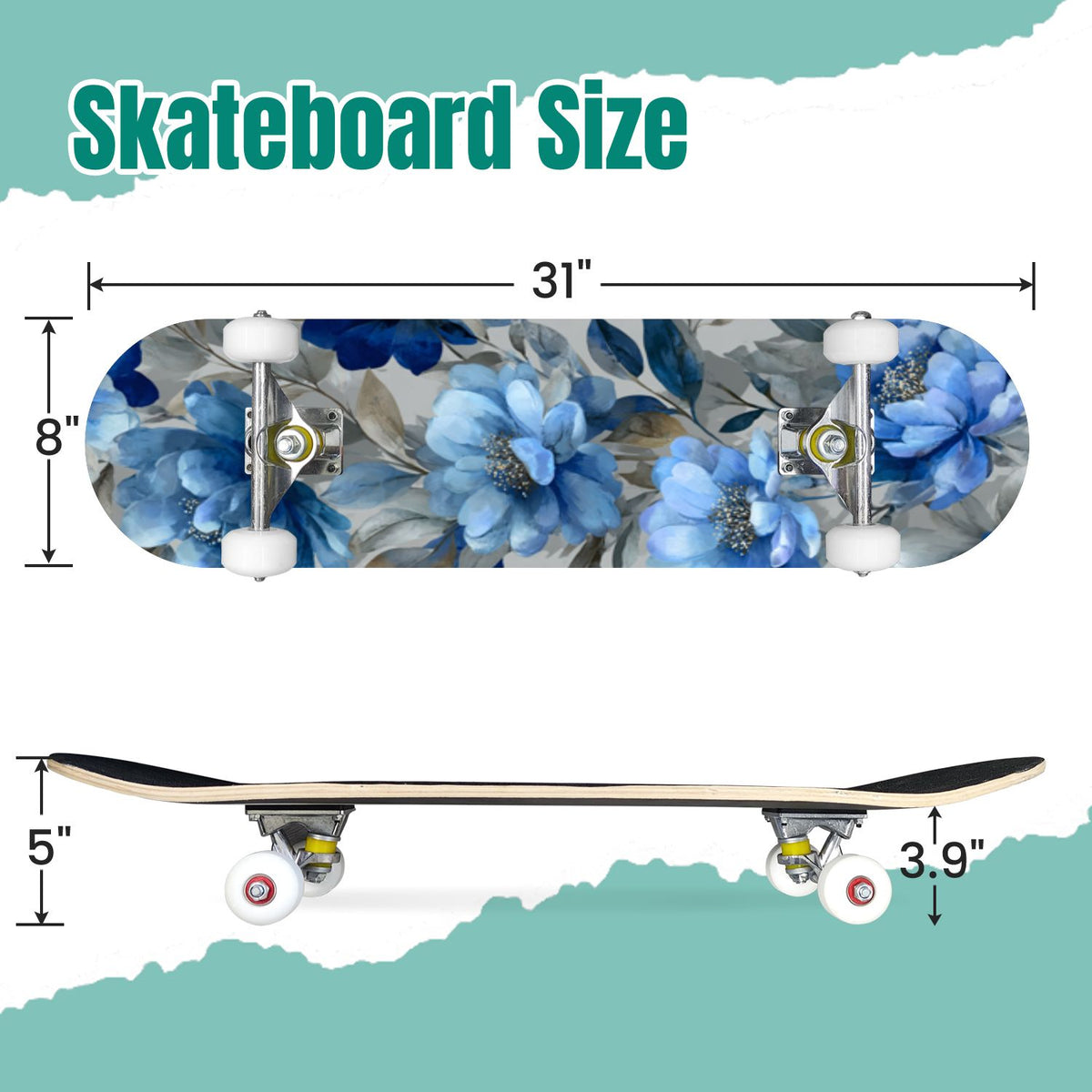 Watercolor Floral Shades Blue Grey Leaves 31" x 8" Complete Skateboard, 7-Ply Canadian Maple Double Kick Trick Board for Kids and Beginners Adult Gifts