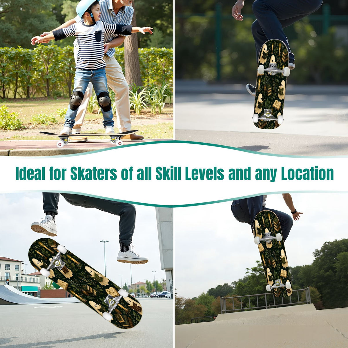 31"x8" Complete Skateboards for Beginners,Vintage Botanical Skull Flowers Elements Dark Double Kick 7 Ply Canadian Maple Deck Skateboard with Wheels, Gifts for Kids Teens