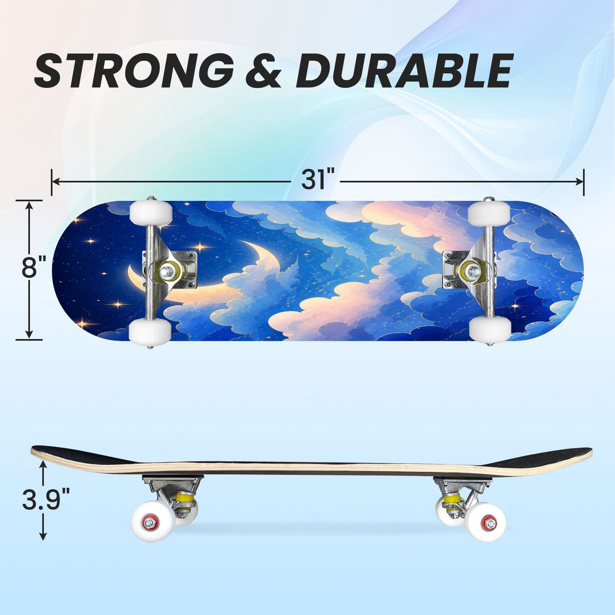 31"x8" Complete Skateboards for Beginners,Blue White Vintage Floral Roses Ornate Swirls Double Kick 7 Ply Canadian Maple Deck Skateboard with Wheels, Gifts for Kids Teens