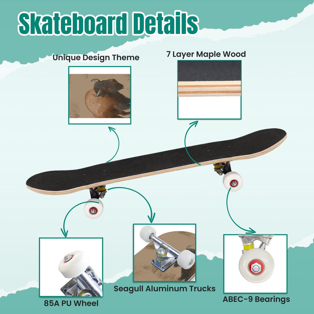 Buffalo Tan Grass Illustrations 31" x 8" Complete Skateboard, 7-Ply Canadian Maple Double Kick Trick Board for Kids and Beginners Adult Gifts