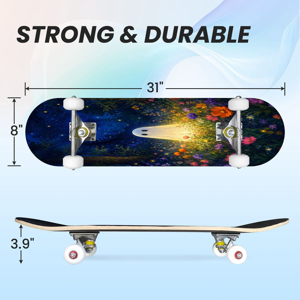 31"x8" Complete Skateboards for Beginners,Halloween Black Cats Pumpkins Ghosts Bats Beige Double Kick 7 Ply Canadian Maple Deck Skateboard with Wheels, Gifts for Kids Teens