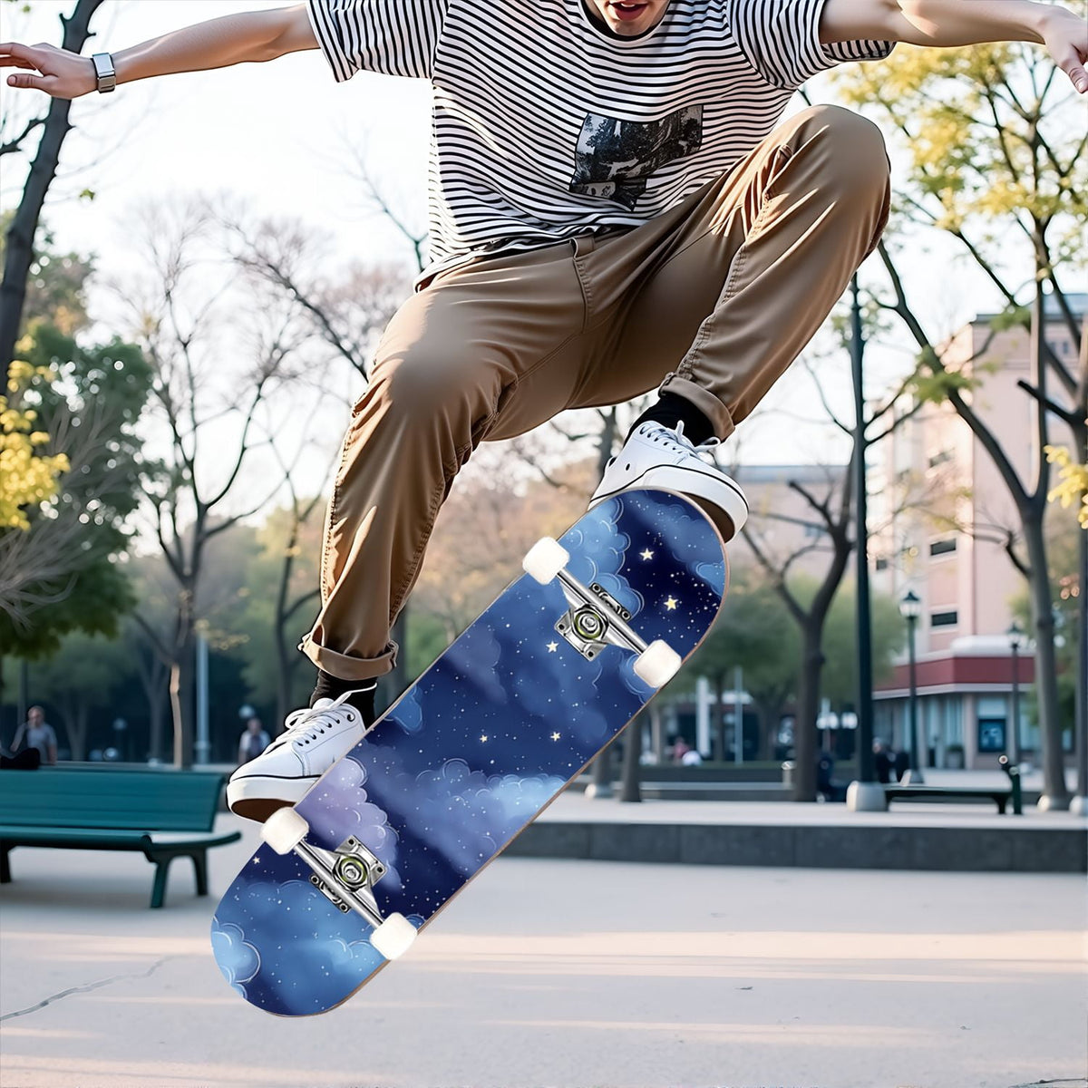 31"x8" Complete Skateboards for Beginners, Pastel Sky Fluffy Clouds Pink Purple Blue Summer Decor Double Kick 7 Ply Canadian Maple Deck Skateboard with Wheels, Gifts for Kids Teens