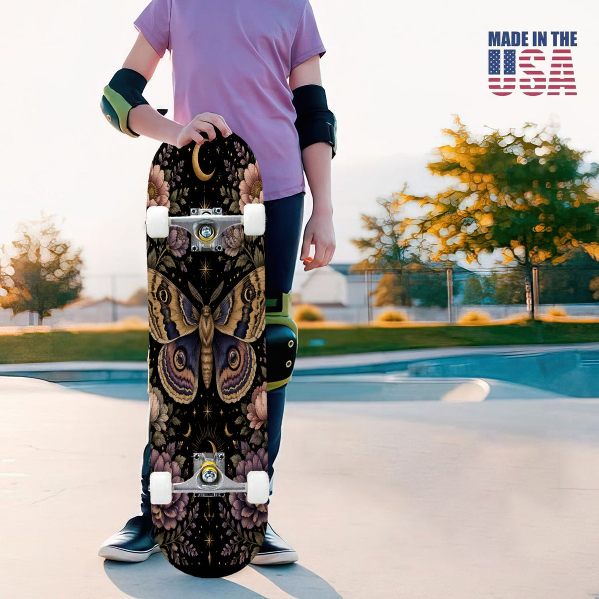 31"x8" Complete Skateboards for Beginners, Blue Moth Moonlight Flowers Mushrooms Forest Double Kick 7 Ply Canadian Maple Deck Skateboard with Wheels, Gifts for Kids Teens