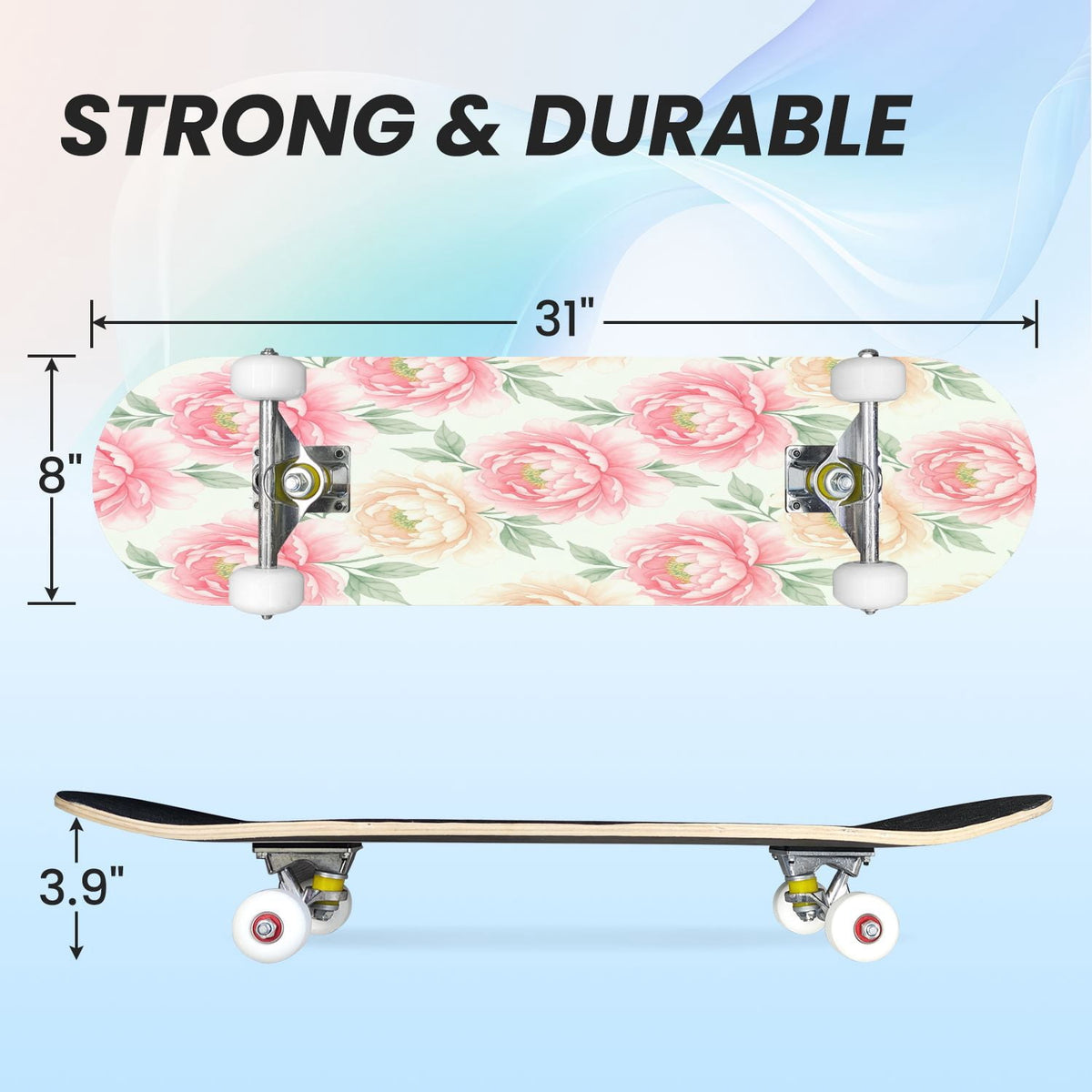 31"x8" Complete Skateboards for Beginners, Pink Floral Ribbon Roses Bows White Double Kick 7 Ply Canadian Maple Deck Skateboard with Wheels, Gifts for Girls Teens