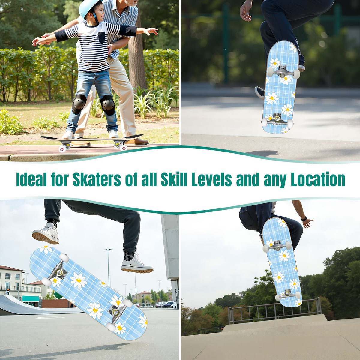 31"x8" Complete Skateboards for Beginners,Pink White Gingham Checkered Subtle Double Kick 7 Ply Canadian Maple Deck Skateboard with Wheels, Gifts for Kids Teens