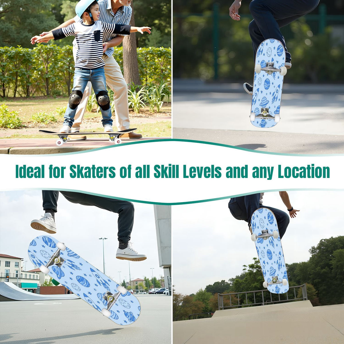31"x8" Complete Skateboards for Beginners,Blue White Vintage Floral Roses Ornate Swirls Double Kick 7 Ply Canadian Maple Deck Skateboard with Wheels, Gifts for Kids Teens