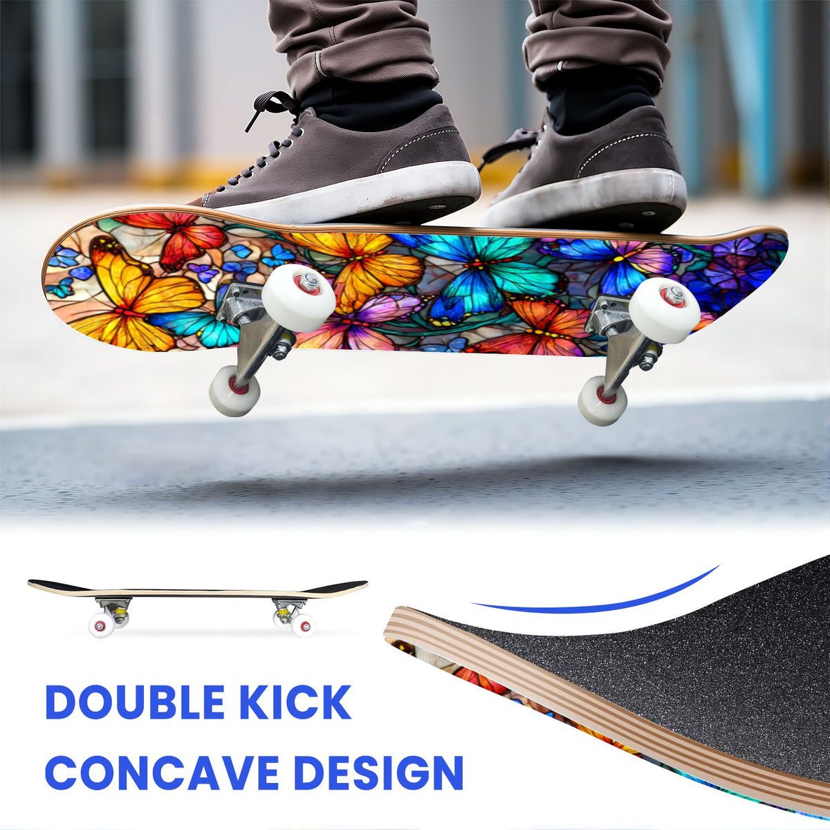 31"x8" Complete Skateboards for Beginners, Vibrant Stained Glass Window Butterflies Flowers Double Kick 7 Ply Canadian Maple Deck Skateboard with Wheels, Gifts for Kids Teens