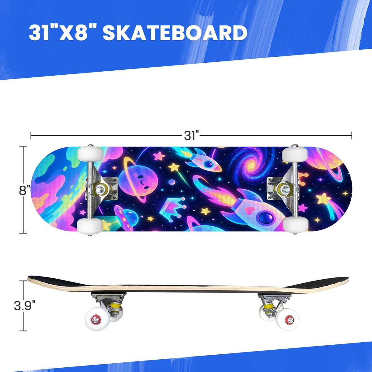 Complete Skateboard Colorful Hearts Graffiti 31 Inch 7-Ply Maple Skateboard with PU Wheels and Aluminum Trucks, Ready-to-Ride Skateboard for Beginners, Teens and Adults