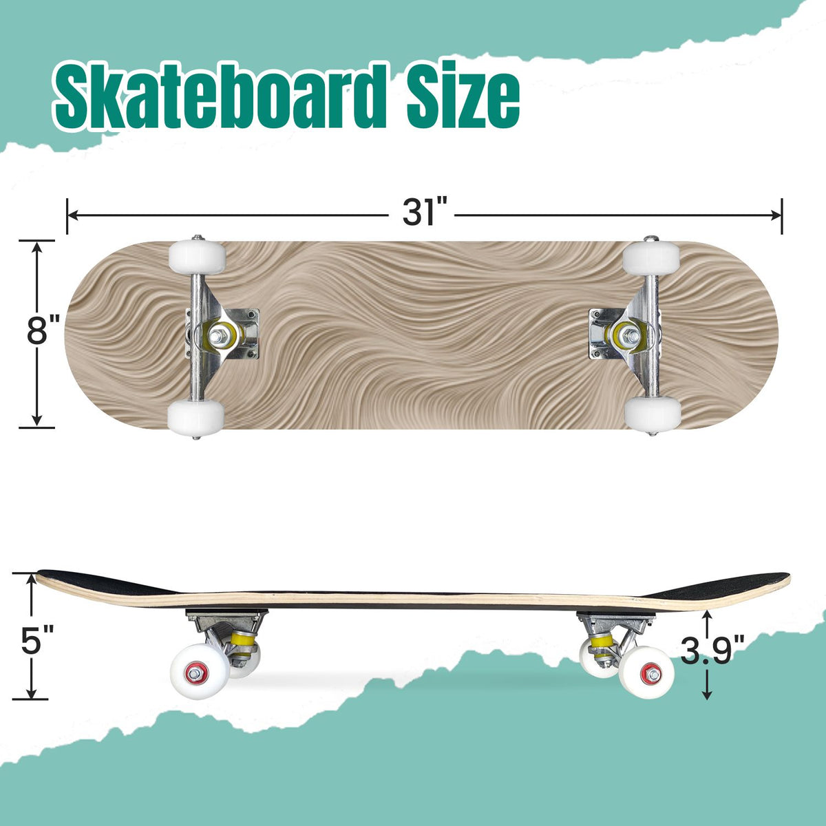 Beige Waves Flowing Lines 3D Effect 31" x 8" Complete Skateboard, 7-Ply Canadian Maple Double Kick Trick Board for Kids and Beginners Adult Gifts