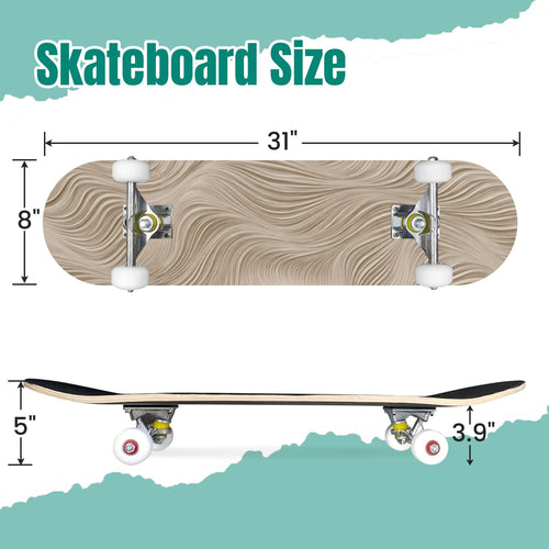 Beige Waves Flowing Lines 3D Effect 31" x 8" Complete Skateboard, 7-Ply Canadian Maple Double Kick Trick Board for Kids and Beginners Adult Gifts
