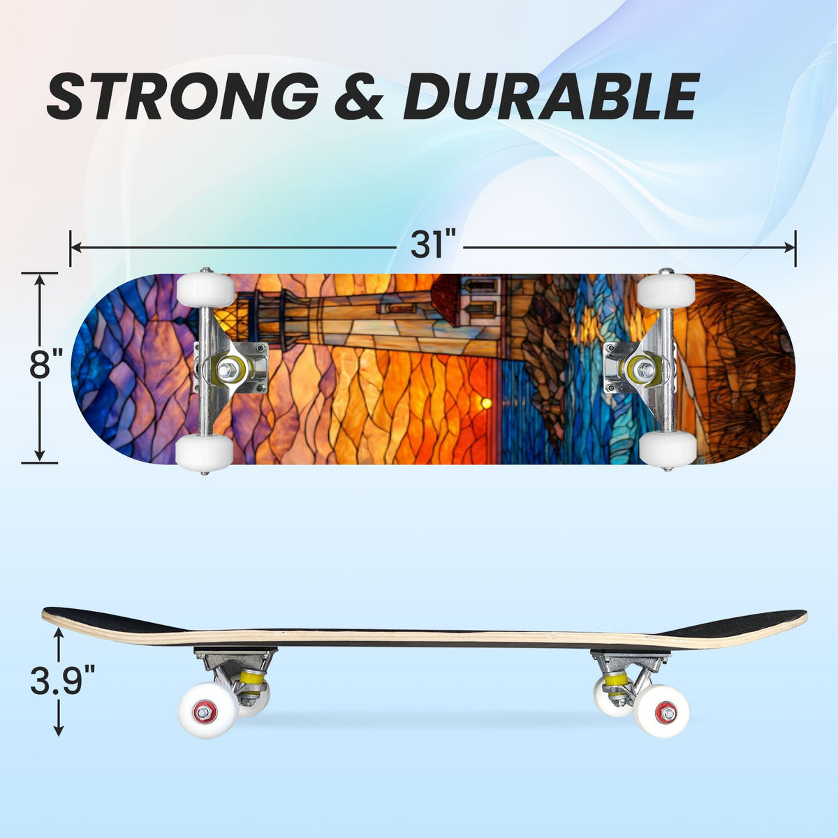 31"x8" Complete Skateboards for Beginners, White Birch Tree Bark Natural Knots Horizontal Lines Double Kick 7 Ply Canadian Maple Deck Skateboard with Wheels, Gifts for Kids Teens