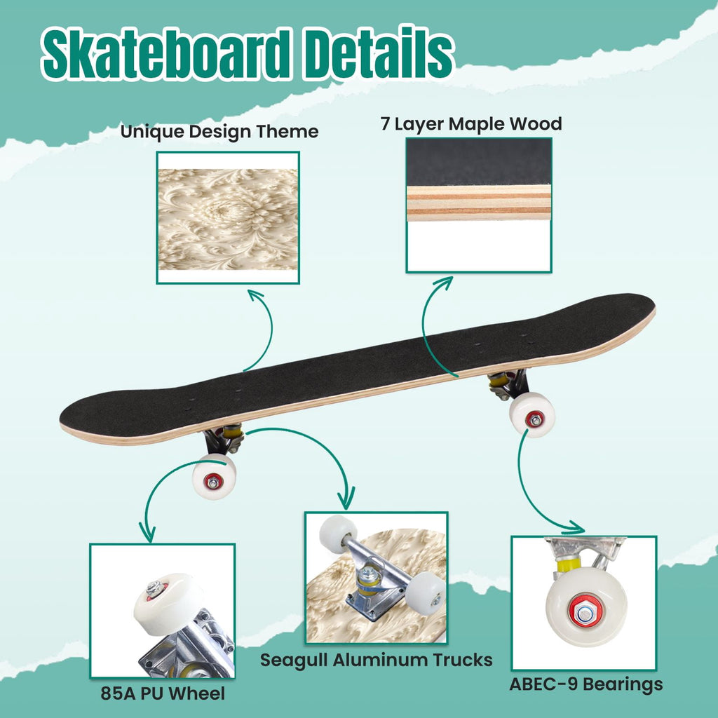 3D Nude Visual Effect Yellowish Brown Layered Chrysanthemum 31" x 8" Complete Skateboard, 7-Ply Canadian Maple Double Kick Trick Board for Kids and Beginners Adult Gifts