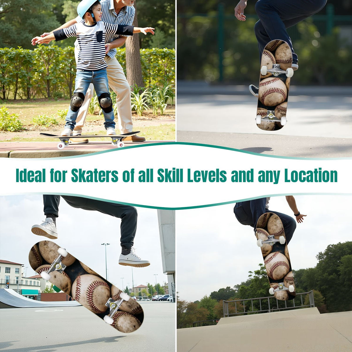 31"x8" Complete Skateboards for Beginners,Close up Baseball Red Stitches Leather Double Kick 7 Ply Canadian Maple Deck Skateboard with Wheels, Sports Gifts for Kids Teens