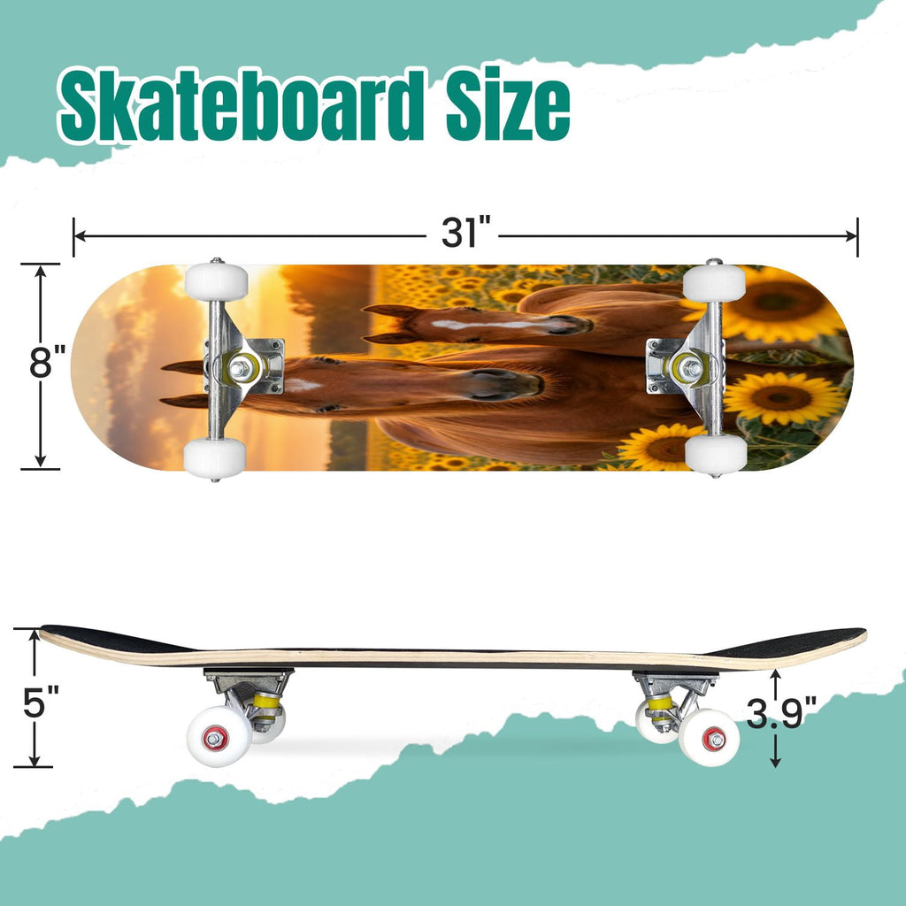 Rose Teal Rose Painting Turquoise Blue Flower Kitchen Decor 31" x 8" Complete Skateboard, 7-Ply Canadian Maple Double Kick Trick Board for Kids and Beginners Adult Gifts