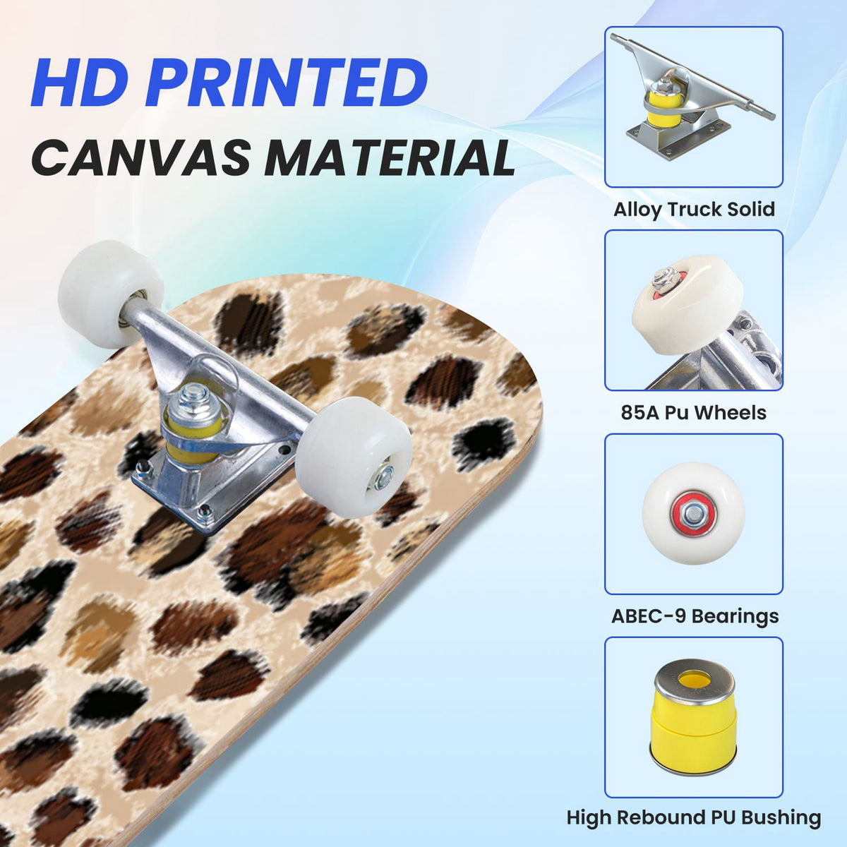 31"x8" Complete Skateboards for Beginners,Leopard Print Black Brown Beige Double Kick 7 Ply Canadian Maple Deck Skateboard with Wheels, Gifts for Kids Teens