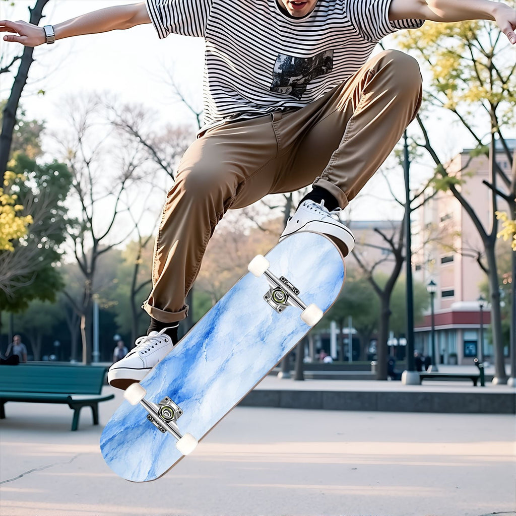 31"x8" Complete Skateboards for Beginners,Elegant White Blue Flowers Soft Petals Dreamy Artistic Double Kick 7 Ply Canadian Maple Deck Skateboard with Wheels, Gifts for Kids Teens