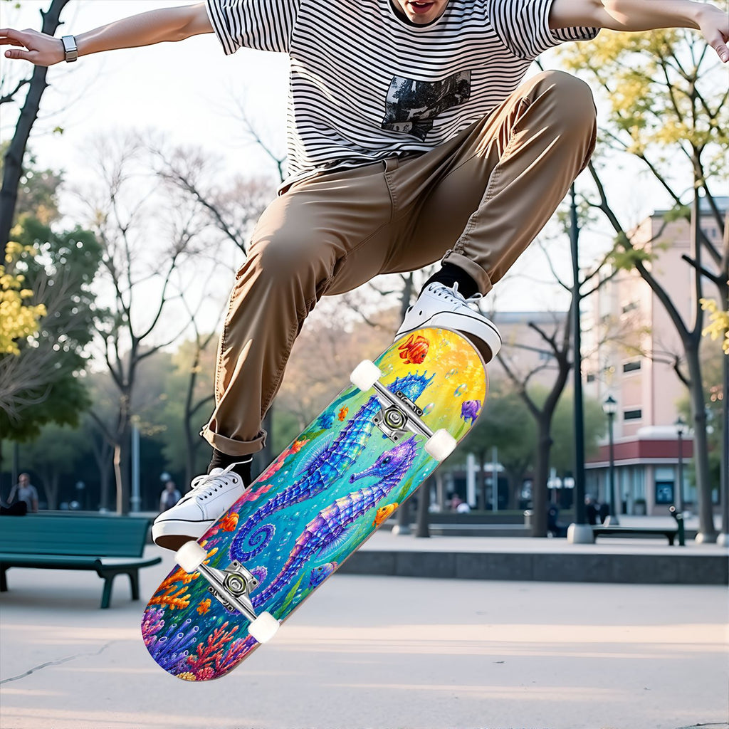 31"x8" Complete Skateboards for Beginners, Colorful Underwater Two Seahorses Coral Reefs Double Kick 7 Ply Canadian Maple Deck Skateboard with Wheels, Gifts for Kids Teens